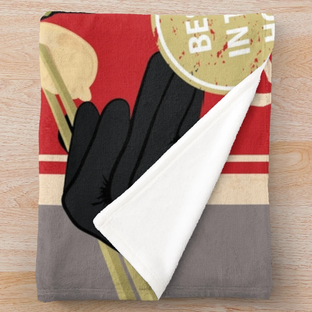 Kaiman the lizard-like character from the anime Dorohedoro eating gyoza on a plush blanket