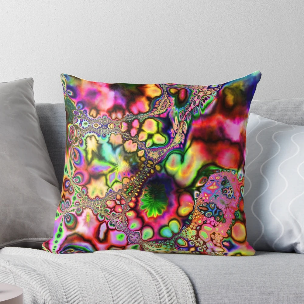 Vibrant, psychedelic pillow featuring a kaleidoscopic fractal art design
