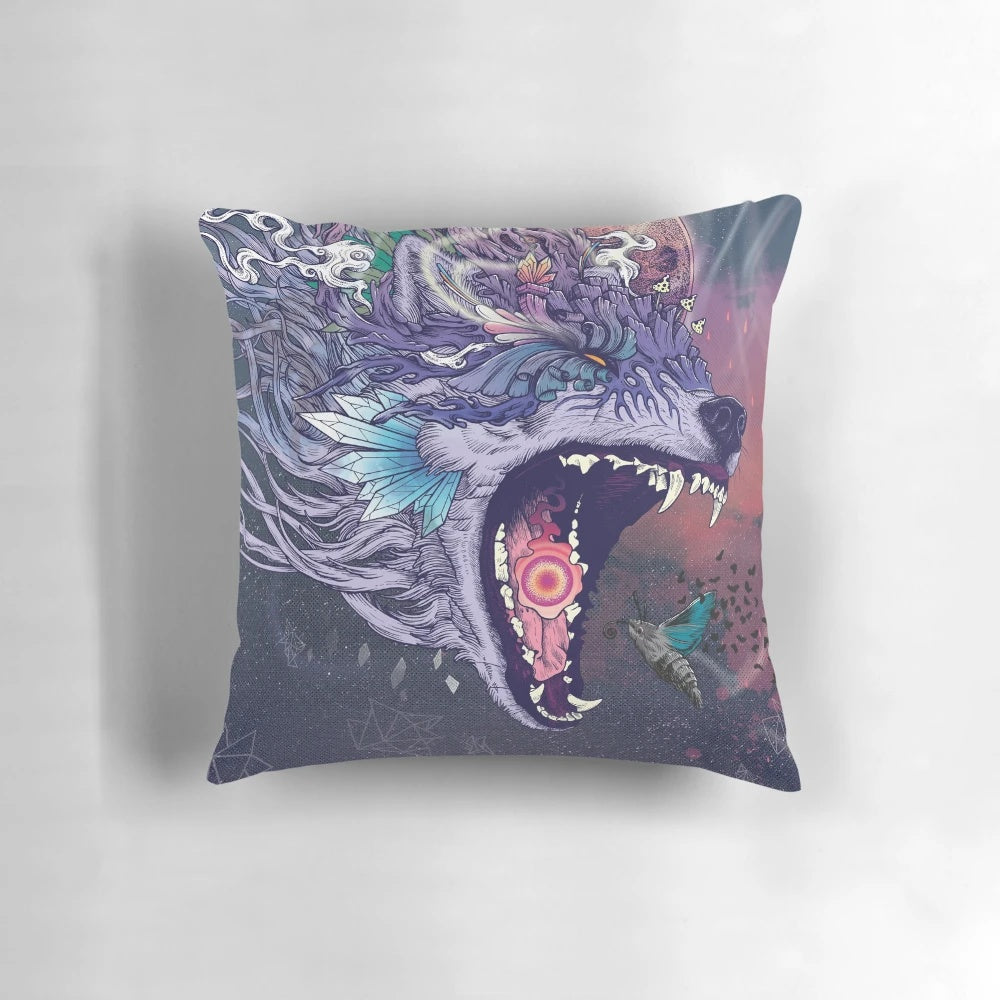 Kalopsia cosmic pillow with a psychedelic, surreal design featuring a wolf in a cosmic landscape