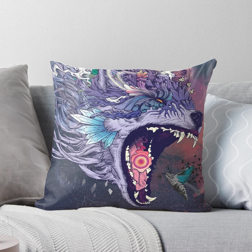 Kalopsia cosmic pillow with a psychedelic, surreal design featuring a wolf in a cosmic landscape