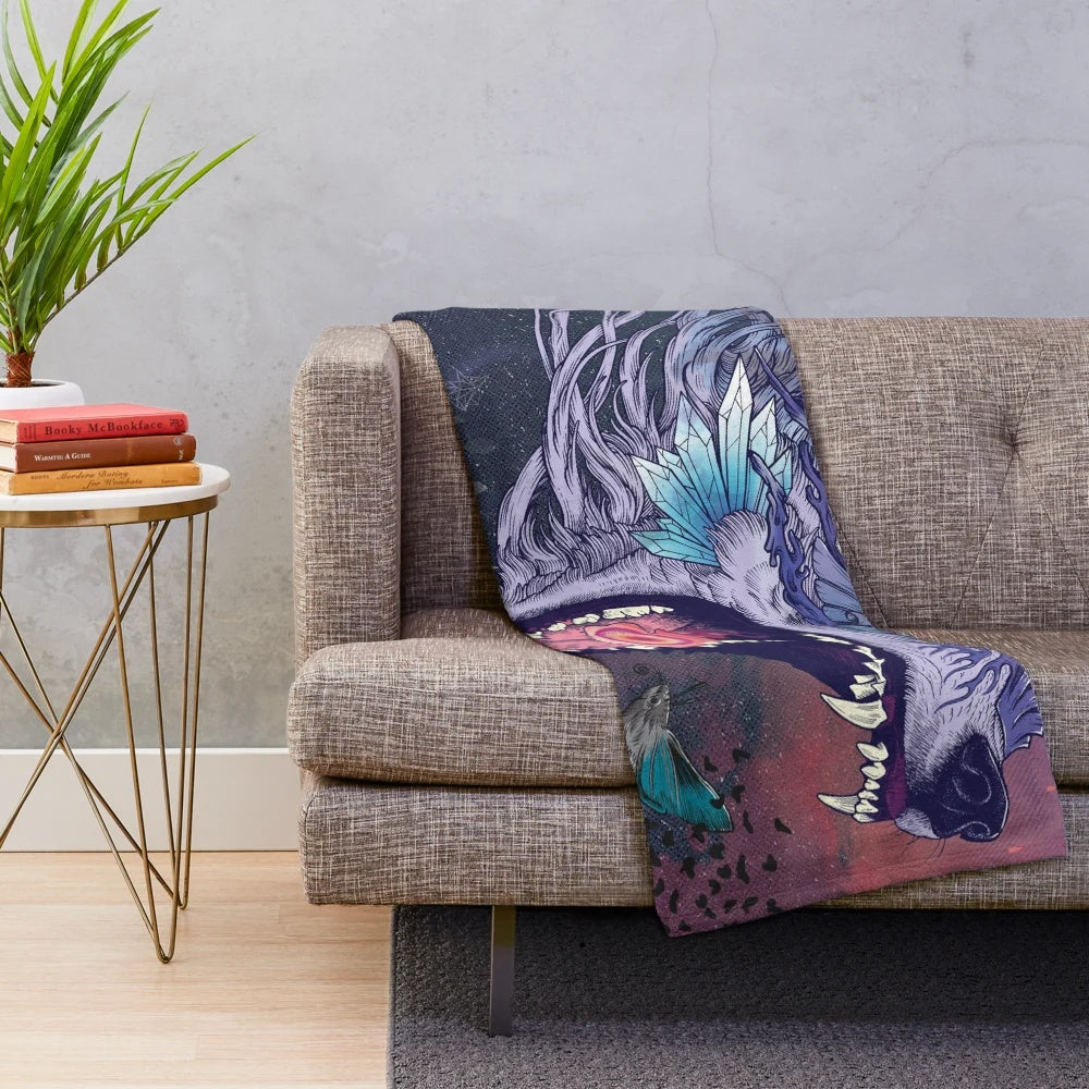 Kalopsia plush blanket featuring a psychedelic, surreal design with wild animals in a celestial landscape