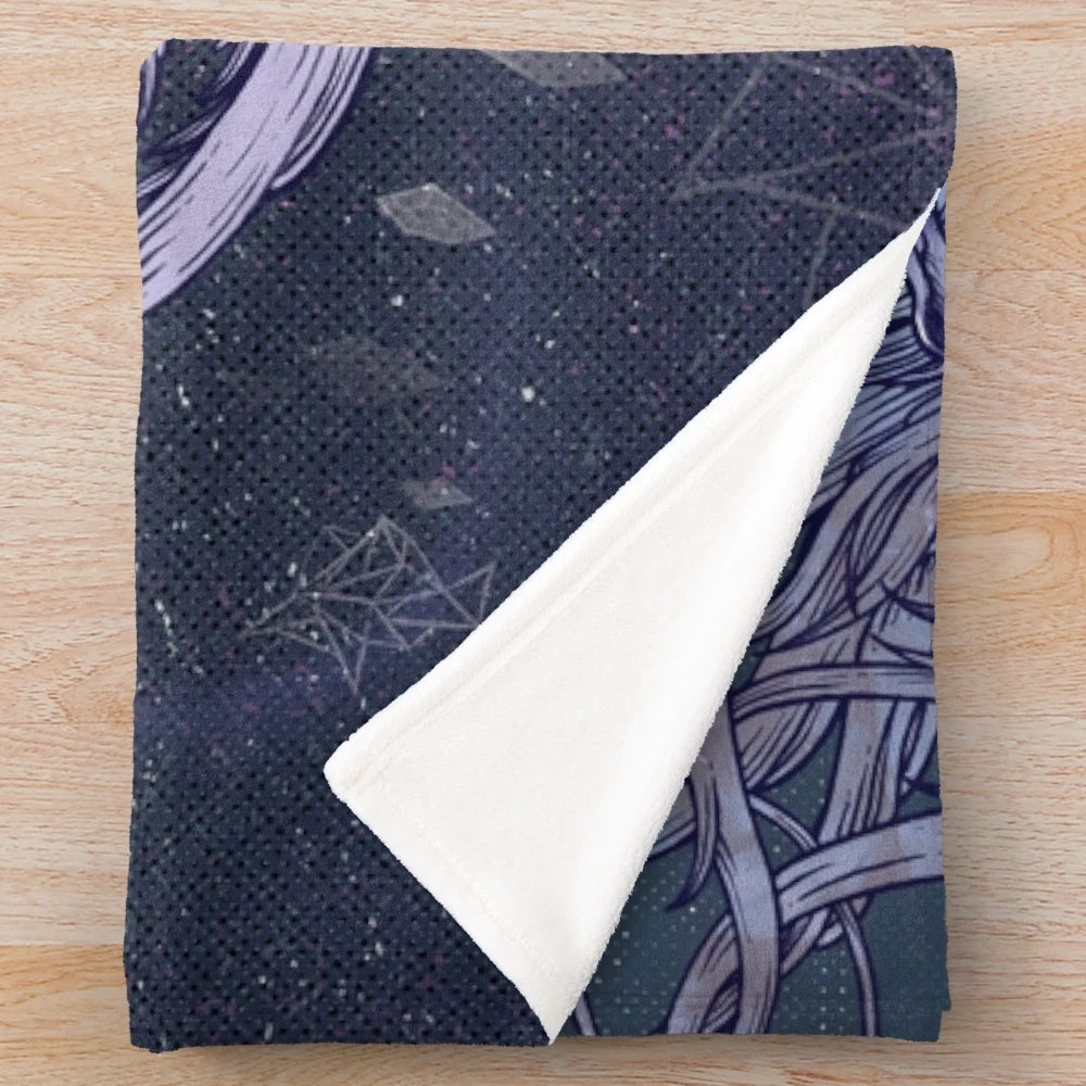 Kalopsia plush blanket featuring a psychedelic, surreal design with wild animals in a celestial landscape