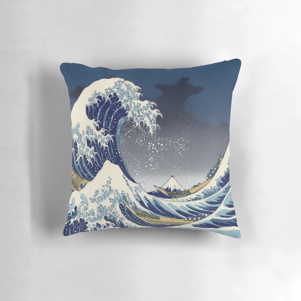Decorative pillow featuring the iconic "Great Wave off Kanagawa" woodblock print design