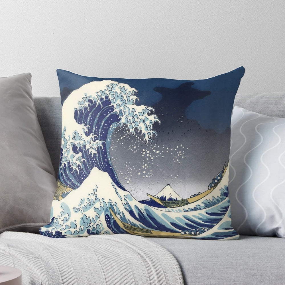 Decorative pillow featuring the iconic "Great Wave off Kanagawa" woodblock print design