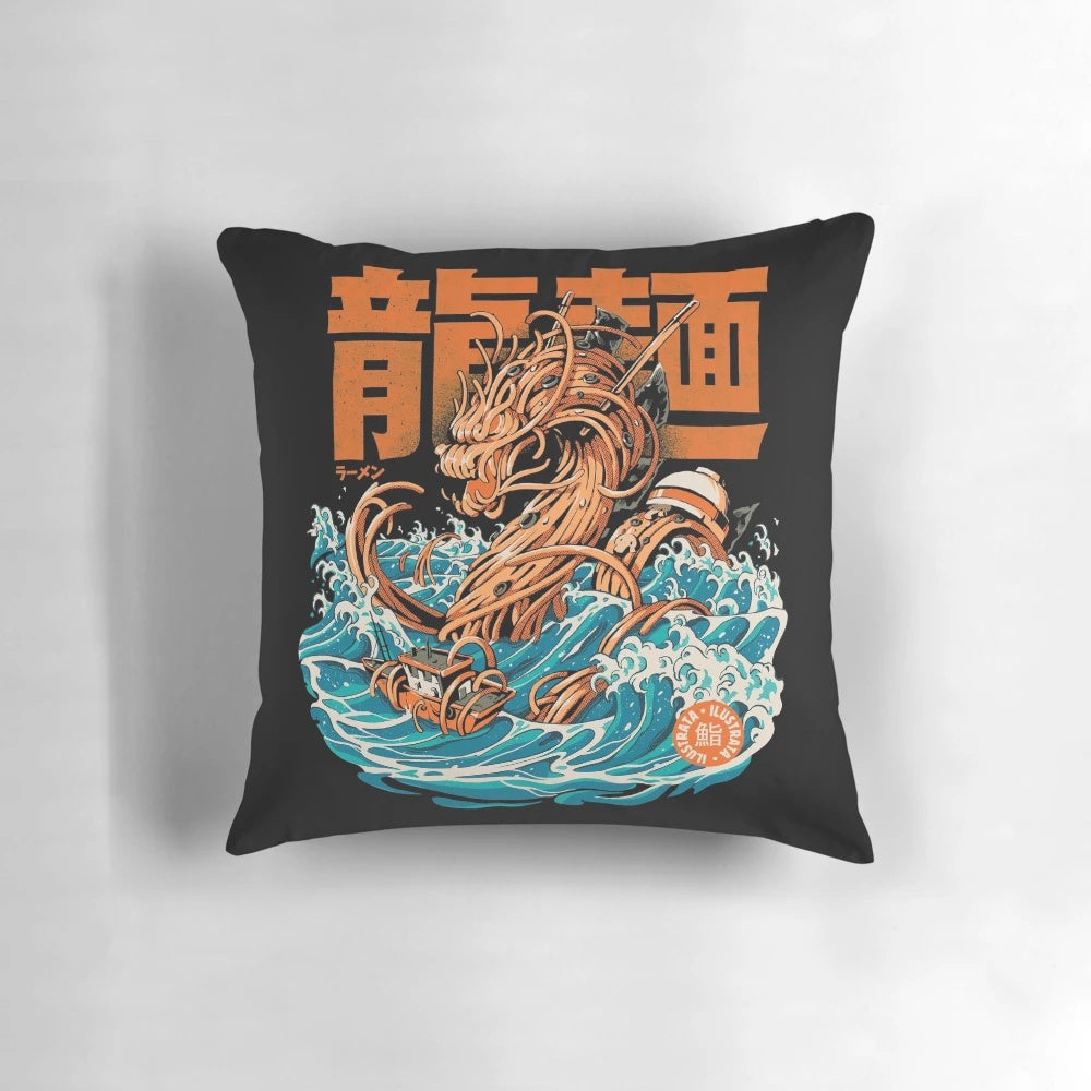 Kanagawa Wave Dragon Ramen Anime Pillow featuring a retro, kaiju-inspired design