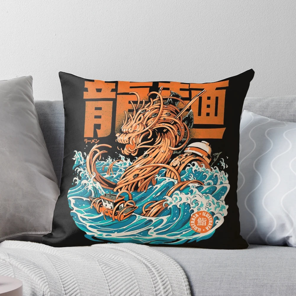 Kanagawa Wave Dragon Ramen Anime Pillow featuring a retro, kaiju-inspired design