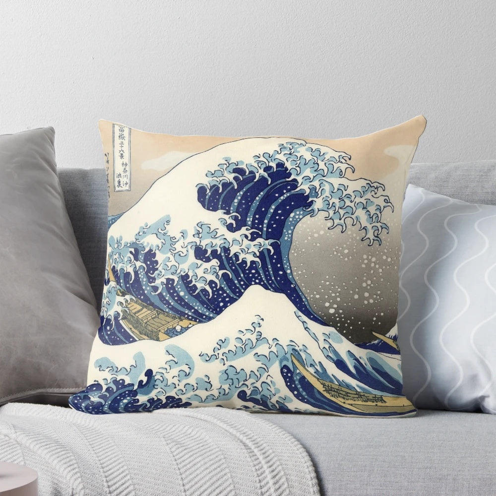 Pillow featuring the iconic "Great Wave off Kanagawa" Japanese art design