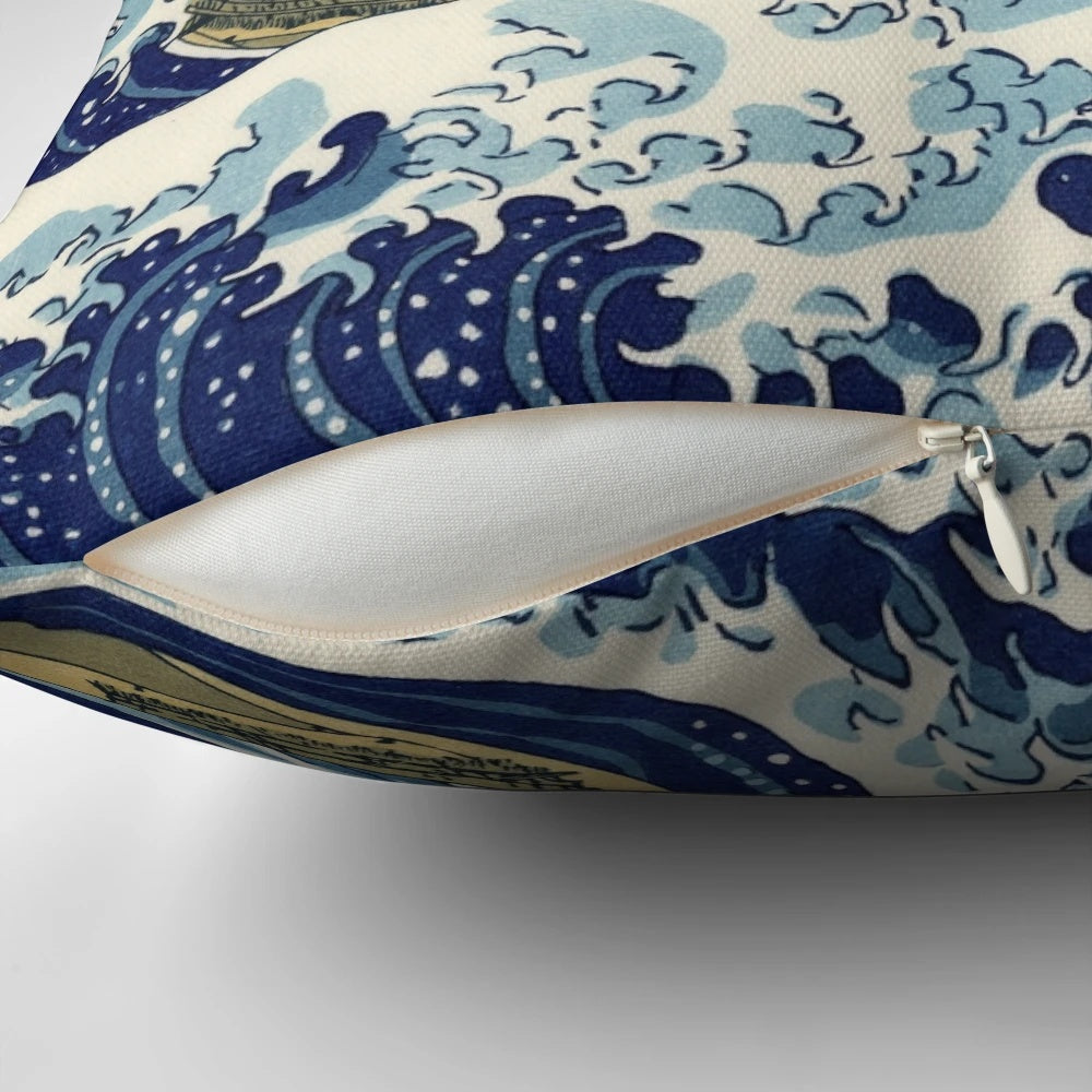 Pillow featuring the iconic "Great Wave off Kanagawa" Japanese art design