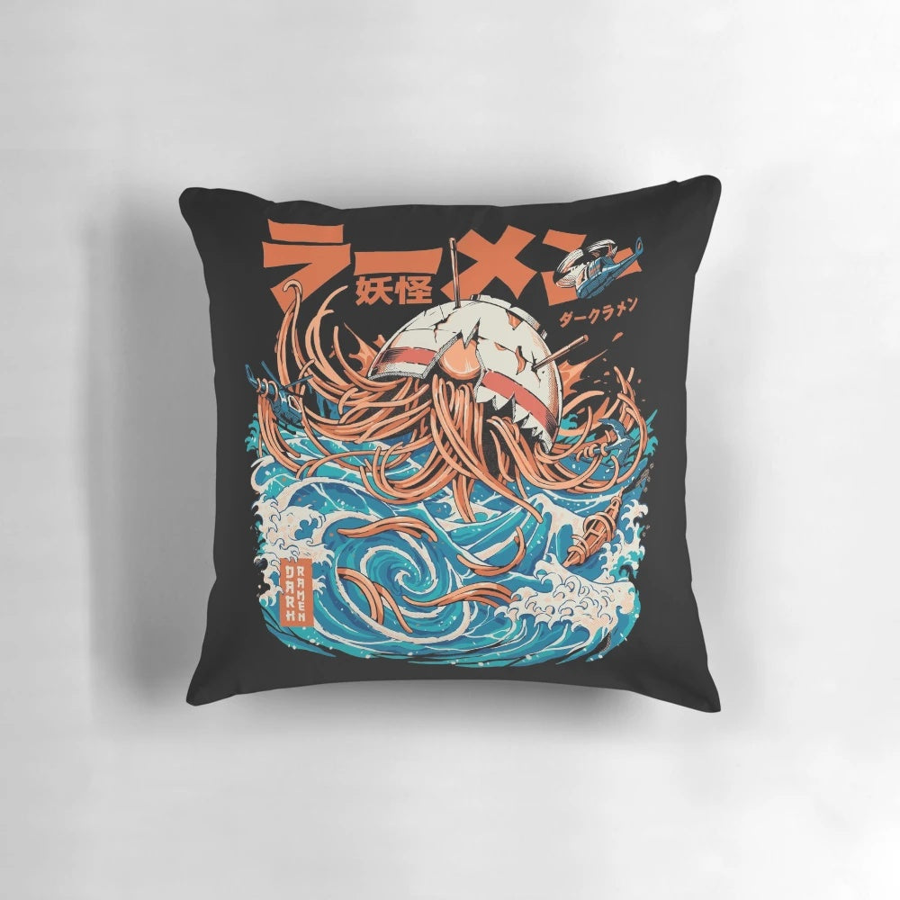 Vibrant black and white pillow featuring a raging monster and swirling waves, inspired by the famous Kanagawa woodblock print.
