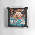 Vibrant black and white pillow featuring a raging monster and swirling waves, inspired by the famous Kanagawa woodblock print.
