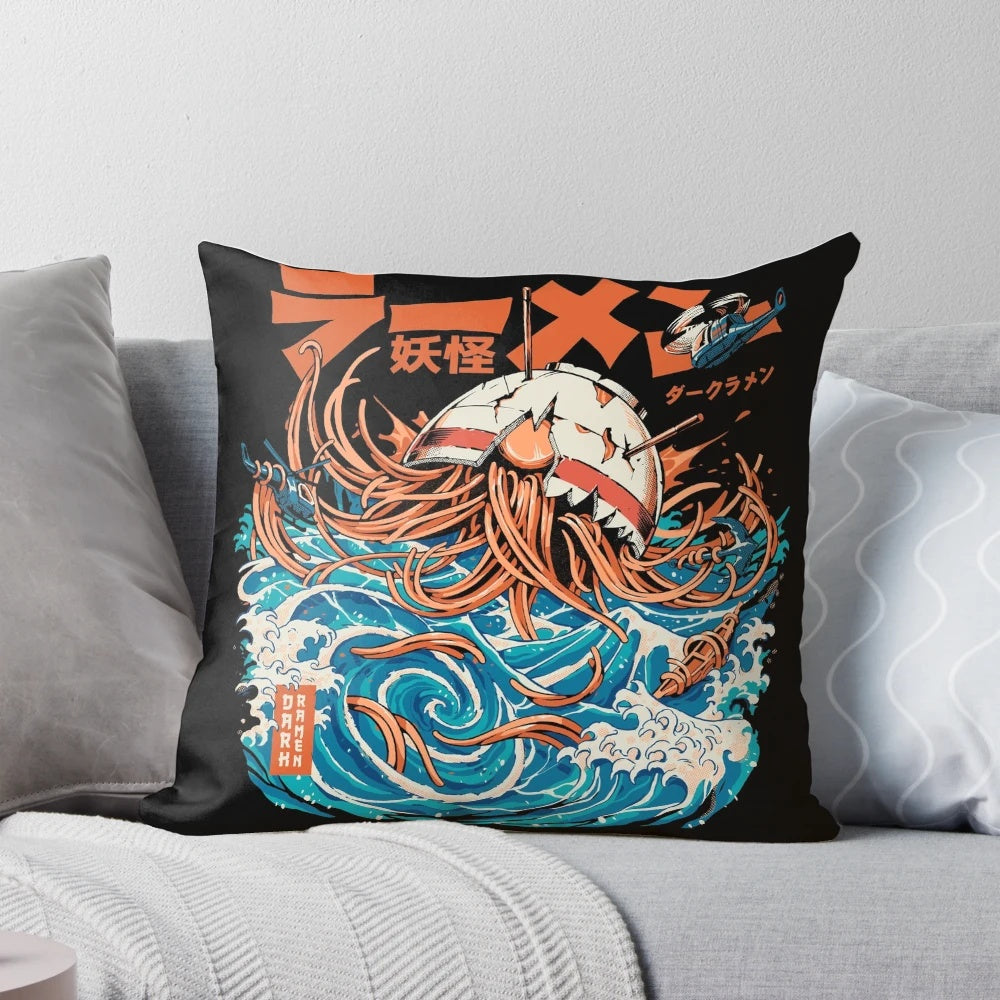 Vibrant black and white pillow featuring a raging monster and swirling waves, inspired by the famous Kanagawa woodblock print.