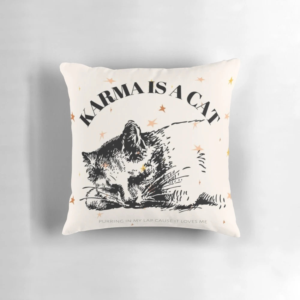 Karma cat pillow featuring Taylor Swift's album "Karma