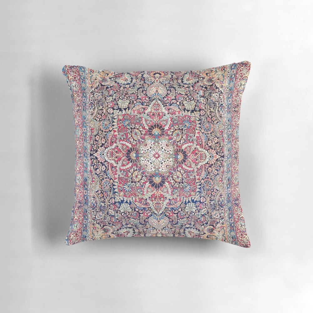 Kashan Persian rug inspired boho chic throw pillow with intricate geometric patterns and nature-inspired designs