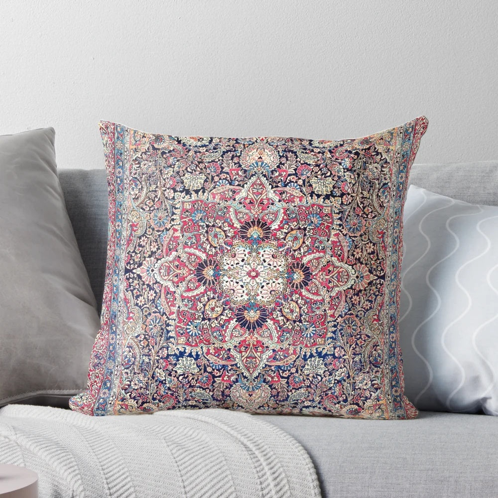 Kashan Persian rug inspired boho chic throw pillow with intricate geometric patterns and nature-inspired designs