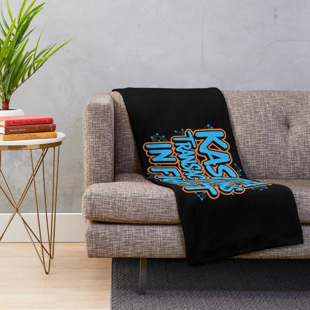 Kaspa-inspired plush blanket featuring blockchain and cryptocurrency designs