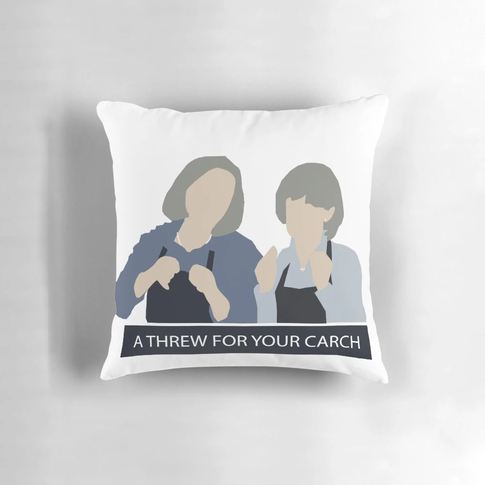 Kath and Kim inspired throw pillow featuring the characters Prude and Trude