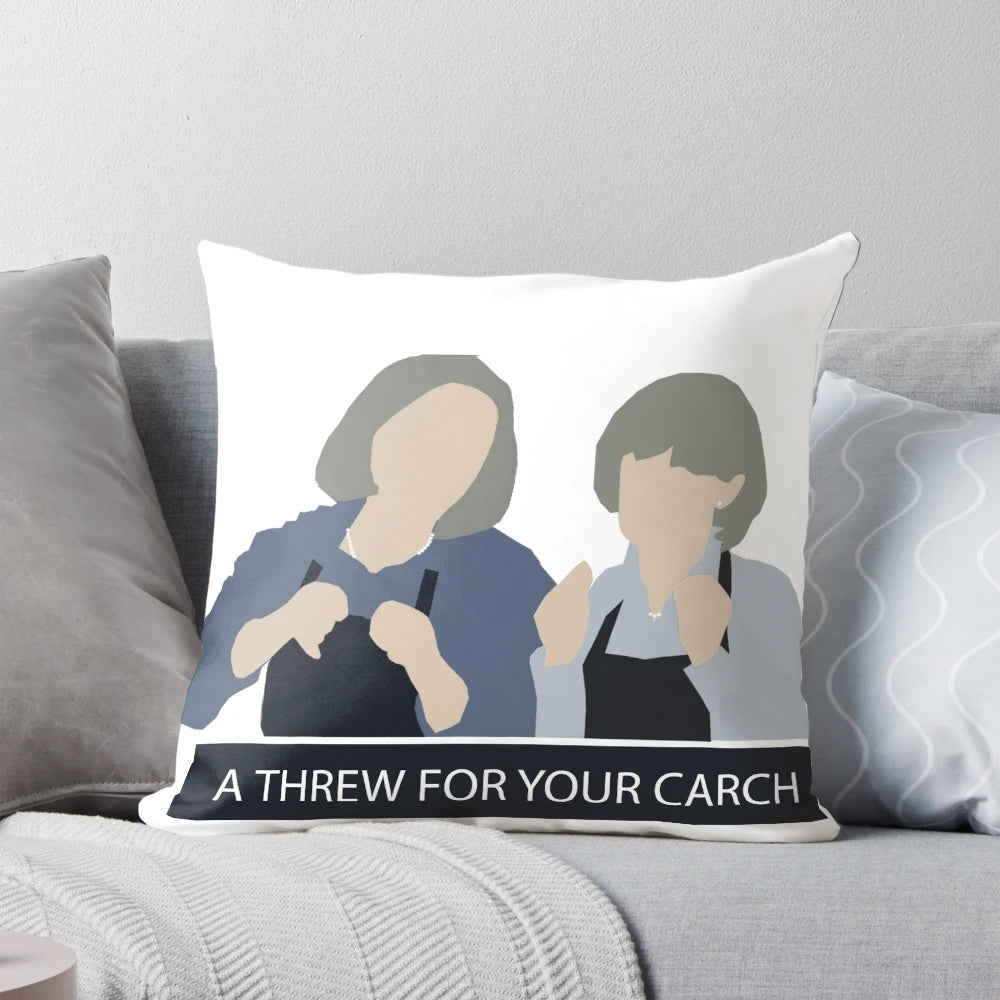 Kath and Kim inspired throw pillow featuring the characters Prude and Trude