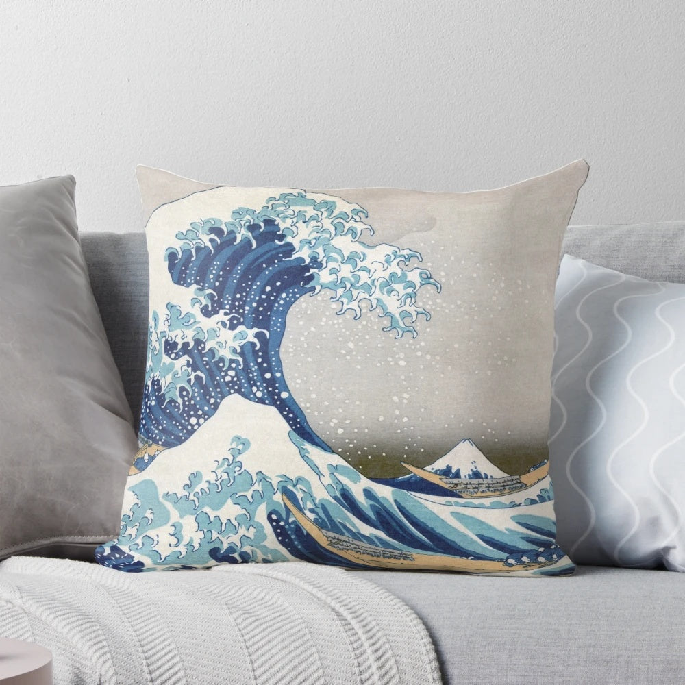 Pillow featuring Katsushika Hokusai's famous woodblock print "The Great Wave off Kanagawa"