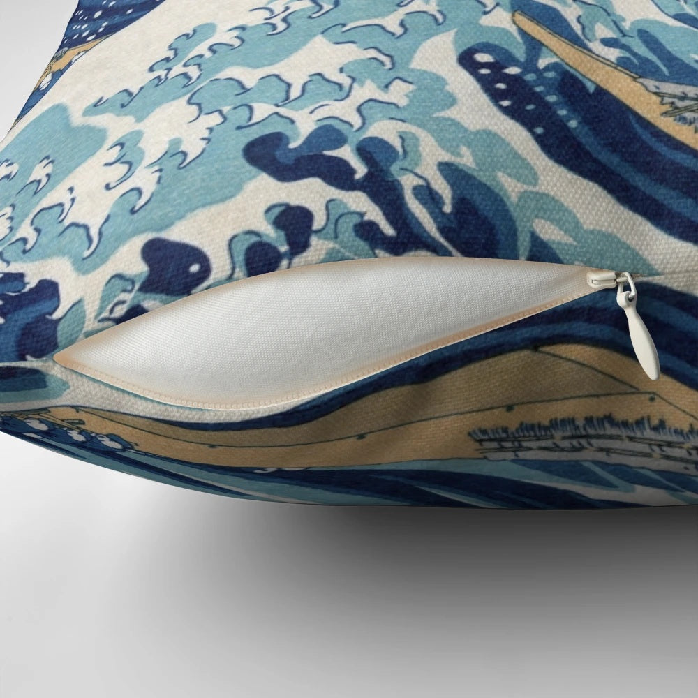 Pillow featuring Katsushika Hokusai's famous woodblock print "The Great Wave off Kanagawa"