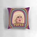 Colorful party-themed pillow featuring Katya Zamolodchikova, a popular drag queen from RuPaul's Drag Race.
