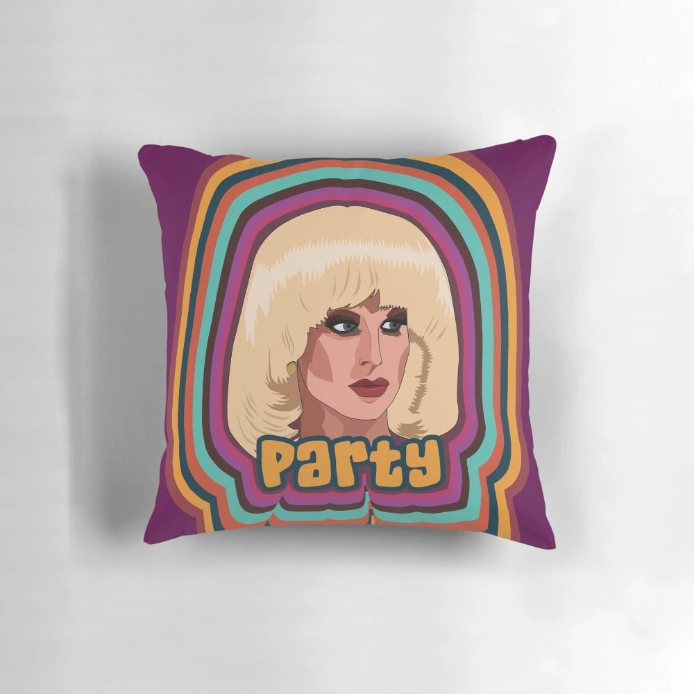 Colorful party-themed pillow featuring Katya Zamolodchikova, a popular drag queen from RuPaul's Drag Race.