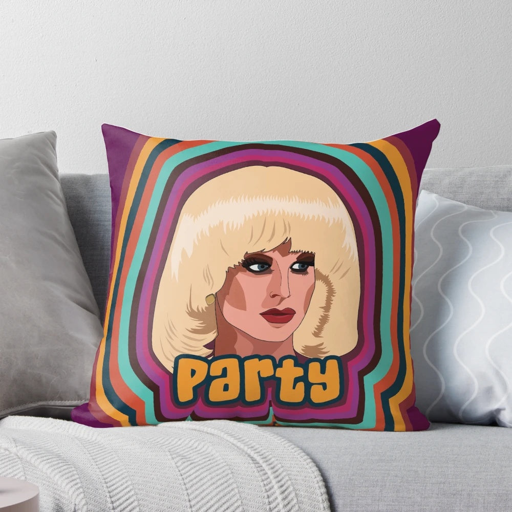 Colorful party-themed pillow featuring Katya Zamolodchikova, a popular drag queen from RuPaul's Drag Race.