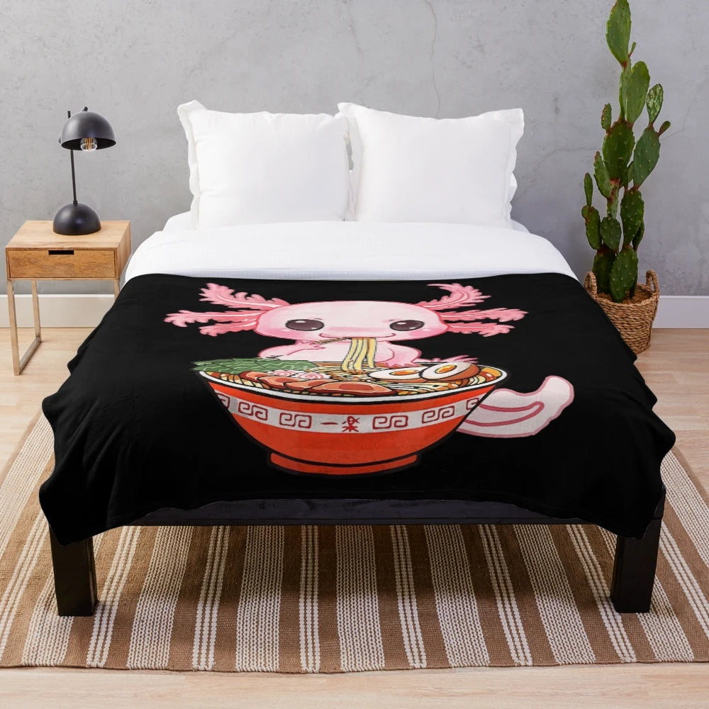 Kawaii axolotl eating ramen noodles plush blanket