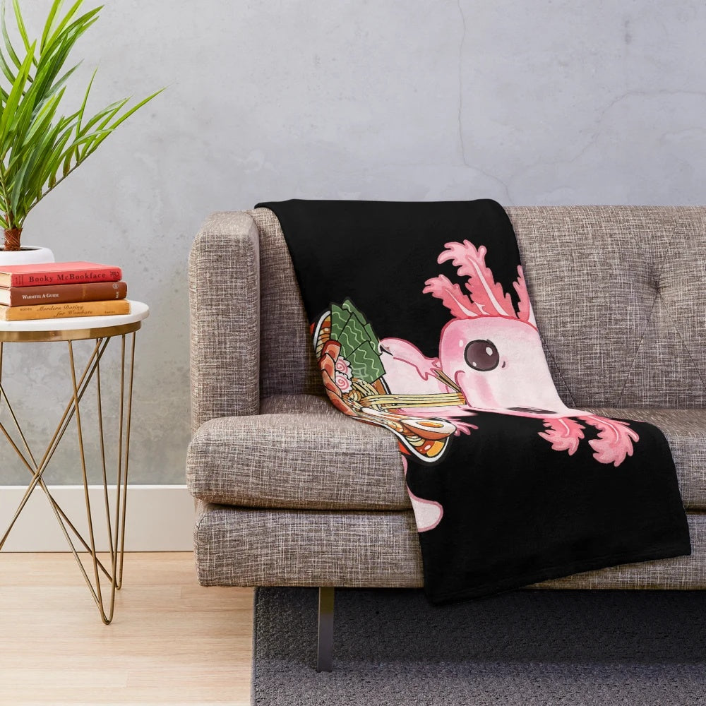 Kawaii axolotl eating ramen noodles plush blanket