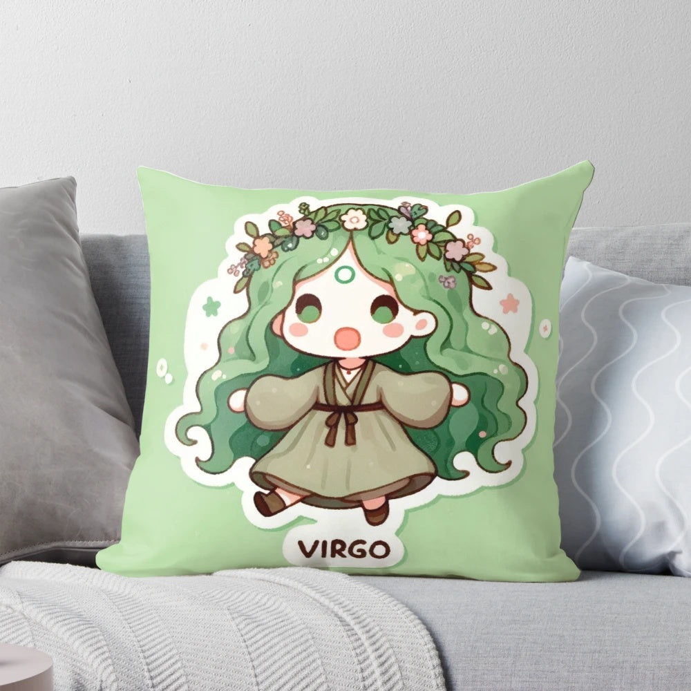 Kawaii Cute Virgo Zodiac Cartoon Pillow with Flower Crown