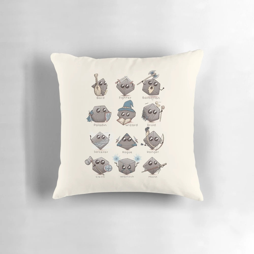Kawaii-style Dungeons & Dragons pillow with geometric dice patterns, perfect for dnd fans and tabletop roleplaying gamers.