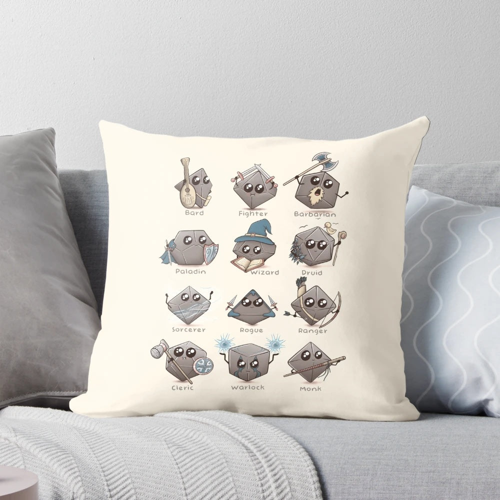Kawaii-style Dungeons & Dragons pillow with geometric dice patterns, perfect for dnd fans and tabletop roleplaying gamers.