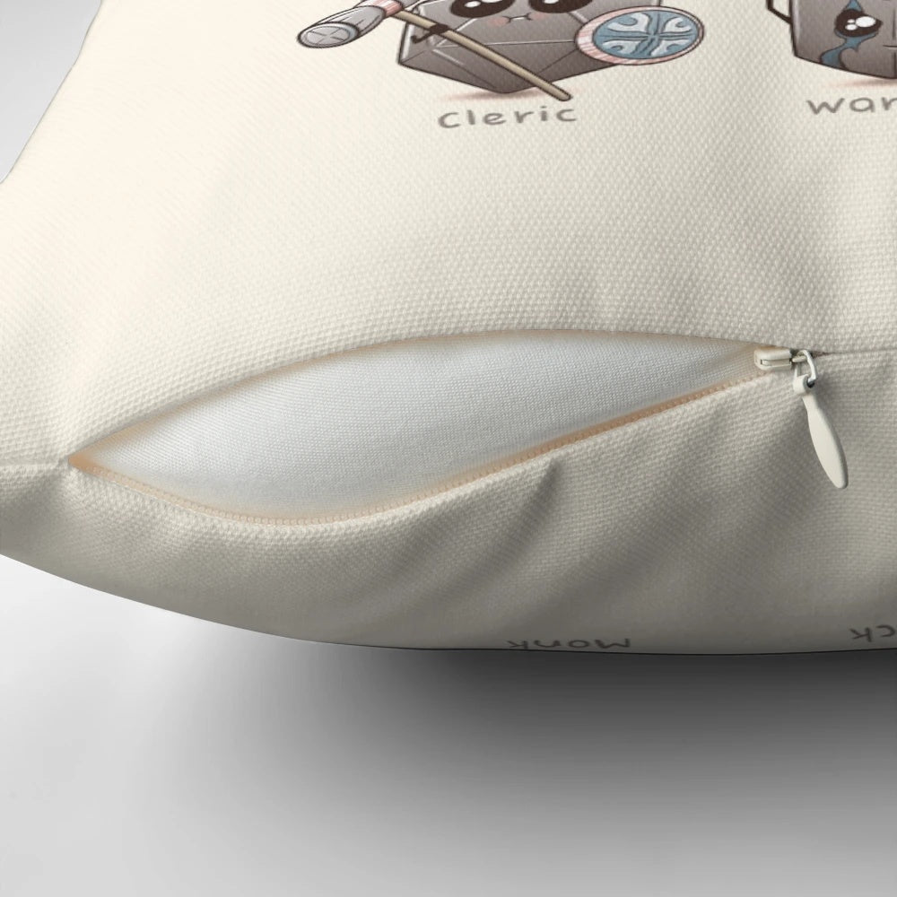 Kawaii-style Dungeons & Dragons pillow with geometric dice patterns, perfect for dnd fans and tabletop roleplaying gamers.