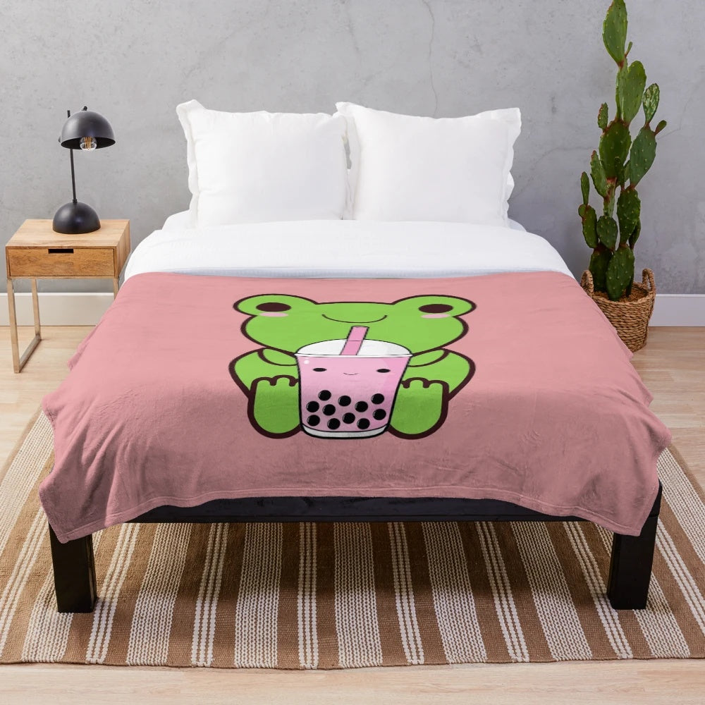 Adorable kawaii frog drinking boba tea on a plush blanket
