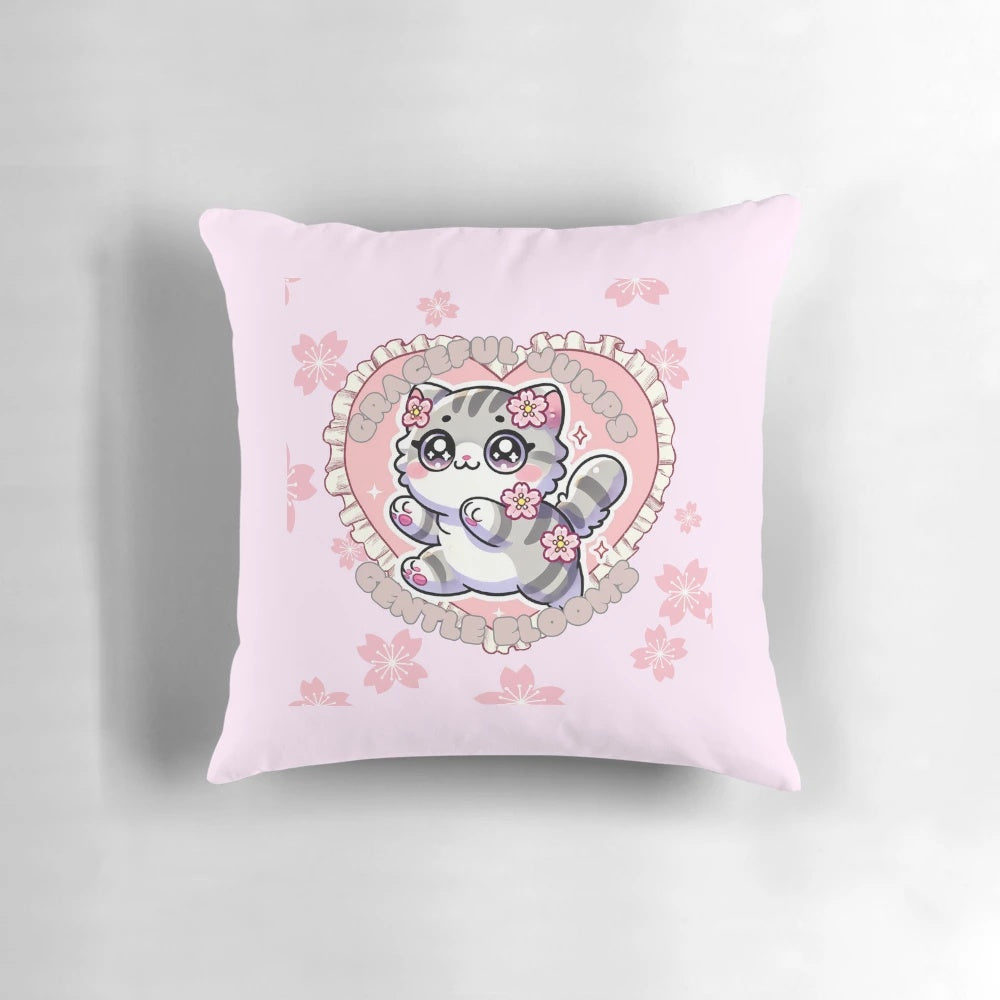Gentle Blooms Pillow with kawaii, chibi design in pastel colors