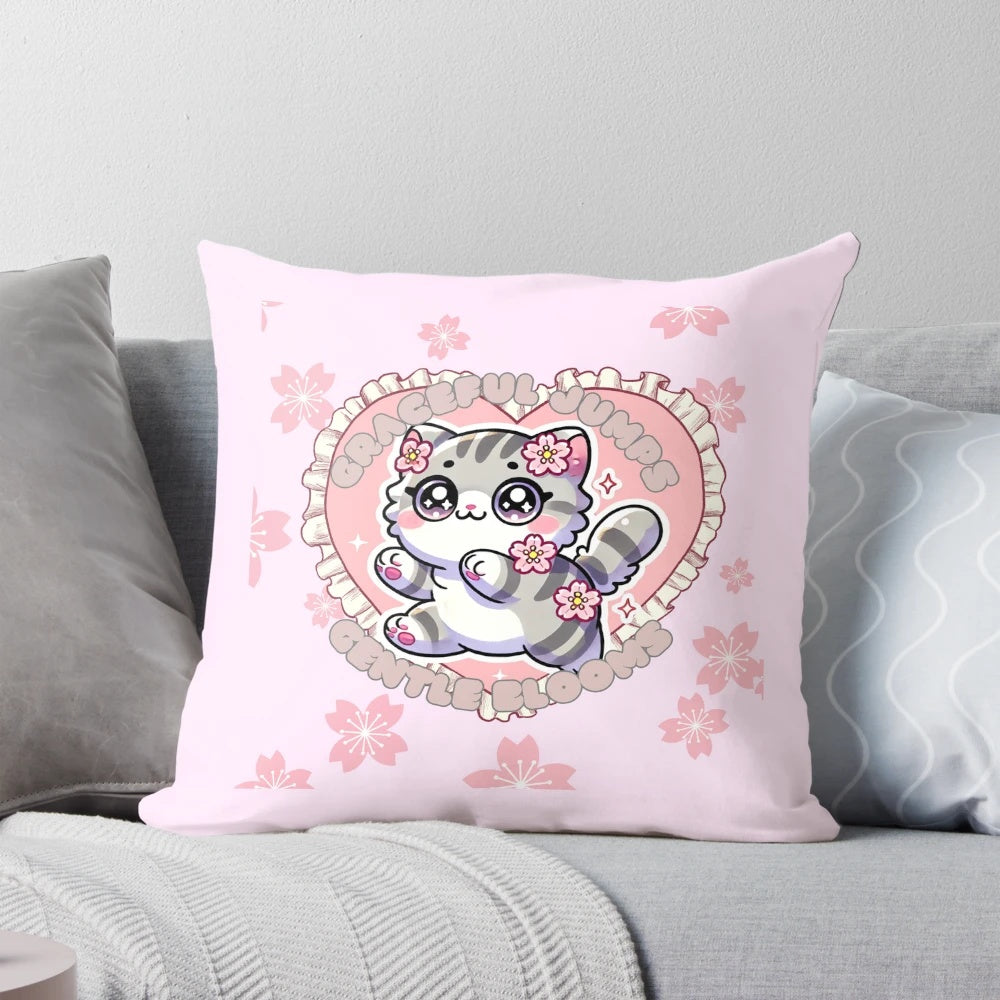 Gentle Blooms Pillow with kawaii, chibi design in pastel colors