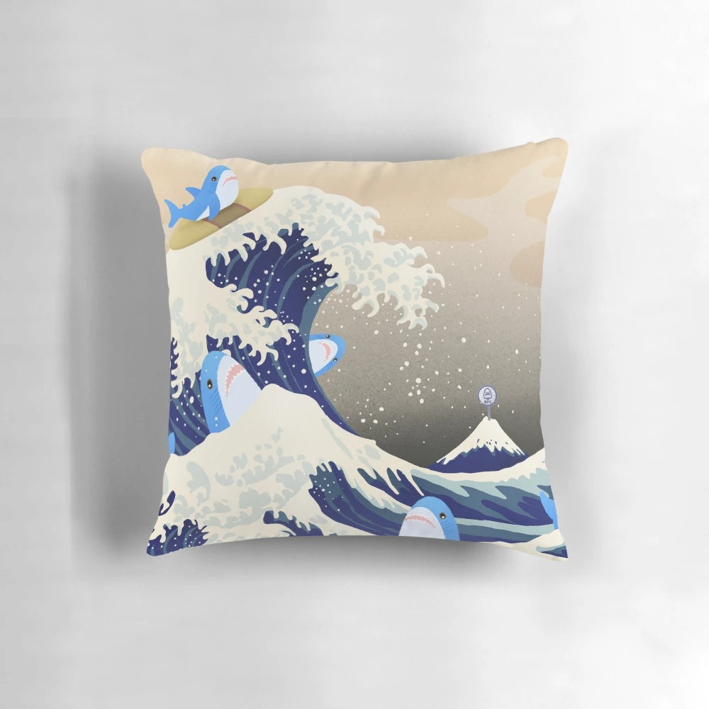 Plush shark-shaped pillow with a "The Great Wave" inspired print, perfect for kids and toddlers.