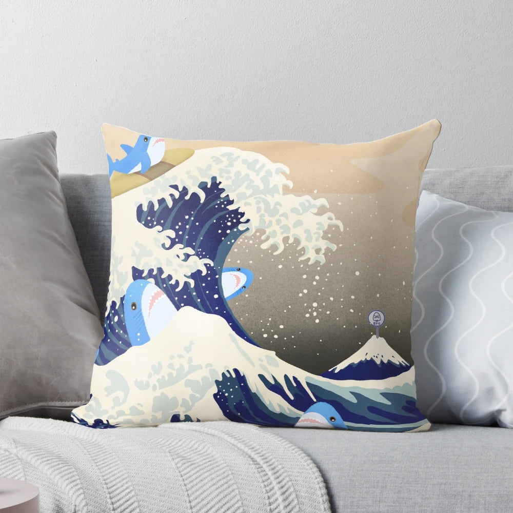Plush shark-shaped pillow with a "The Great Wave" inspired print, perfect for kids and toddlers.