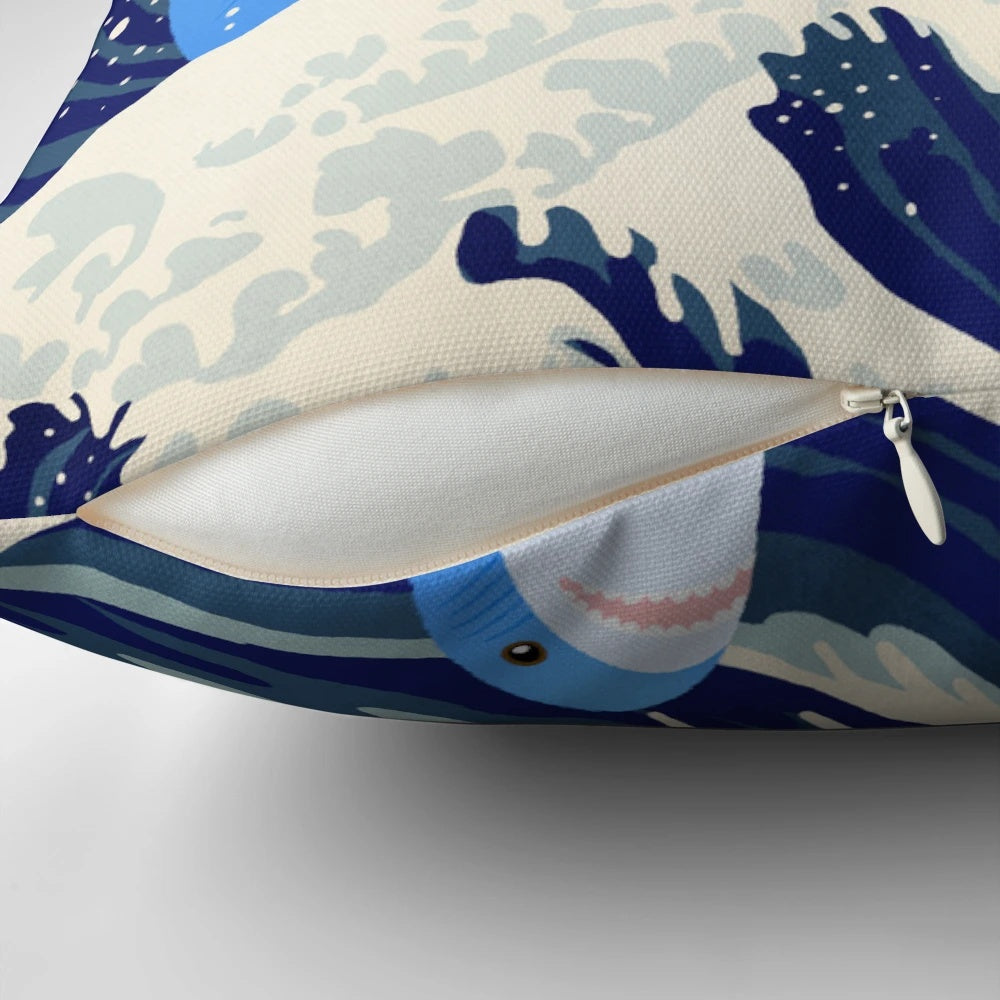 Plush shark-shaped pillow with a "The Great Wave" inspired print, perfect for kids and toddlers.