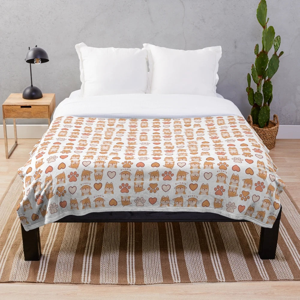 Kawaii Shiba Inu Patterned Plush Blanket