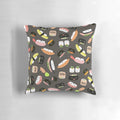 Kawaii sushi-themed decorative throw pillow with sashimi, roe, and other Japanese food elements in a fun, colorful design.
