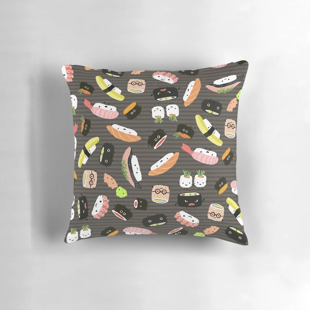 Kawaii sushi-themed decorative throw pillow with sashimi, roe, and other Japanese food elements in a fun, colorful design.
