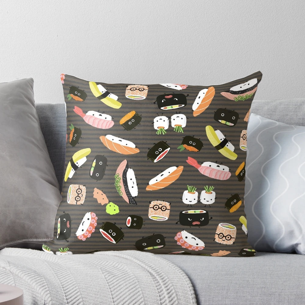 Kawaii sushi-themed decorative throw pillow with sashimi, roe, and other Japanese food elements in a fun, colorful design.