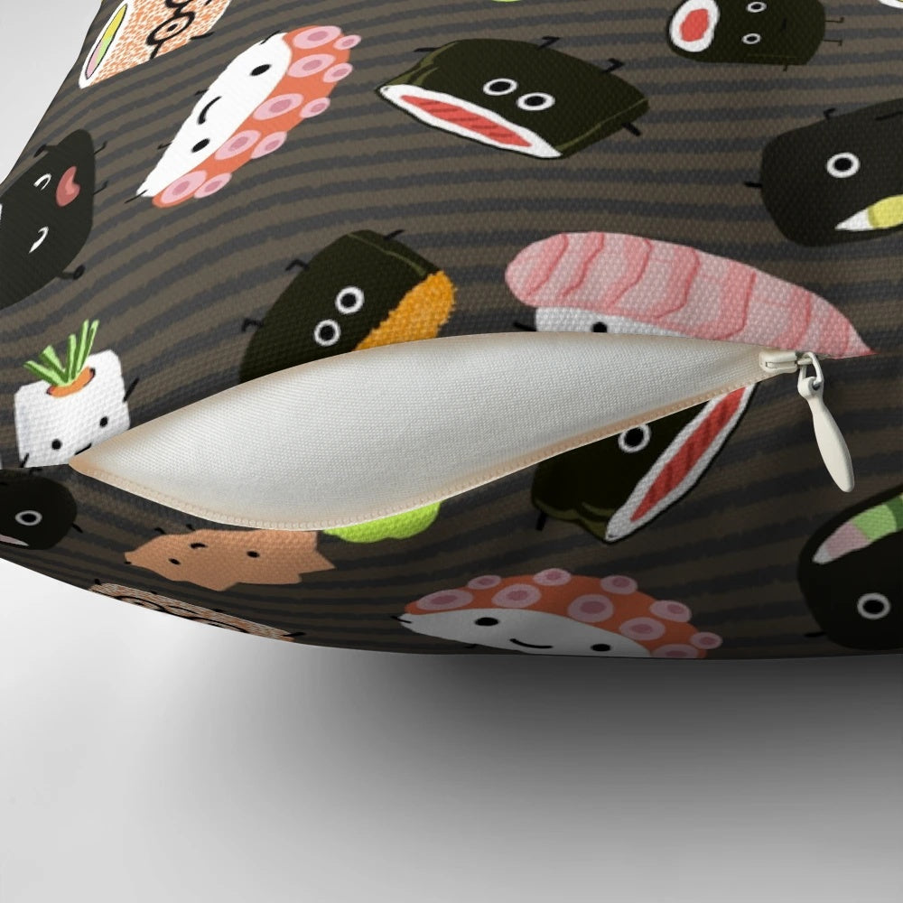 Kawaii sushi-themed decorative throw pillow with sashimi, roe, and other Japanese food elements in a fun, colorful design.