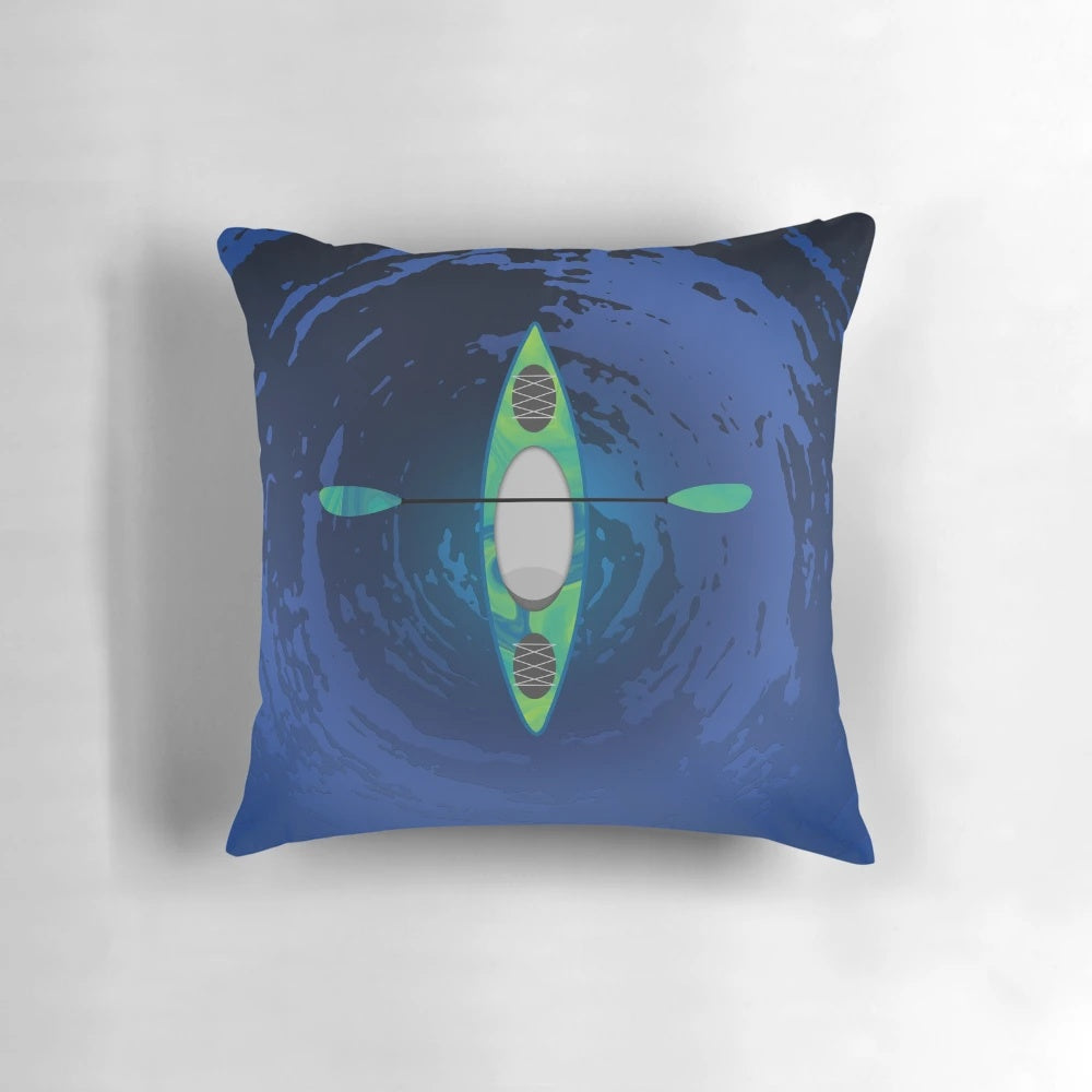 Turquoise and green marbled pillow with a kayak design, perfect for outdoor adventures and fathers day gifts.
