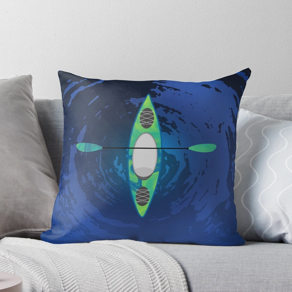 Turquoise and green marbled pillow with a kayak design, perfect for outdoor adventures and fathers day gifts.