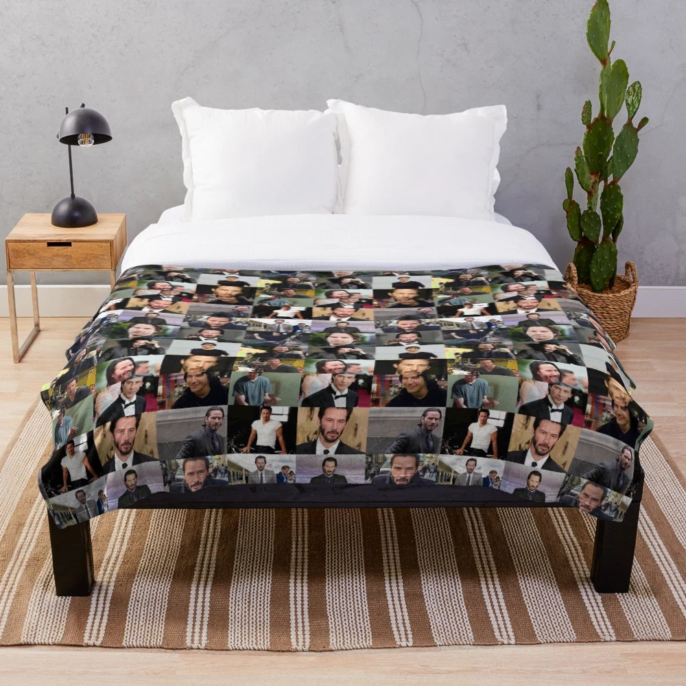 Keanu Reeves collage design printed on a soft plush blanket