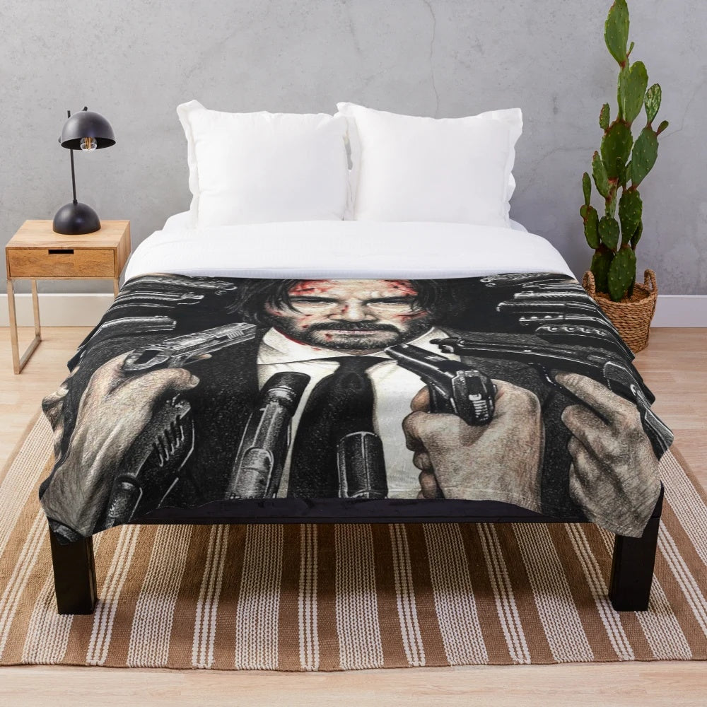 Keanu Reeves-inspired plush blanket with John Wick design