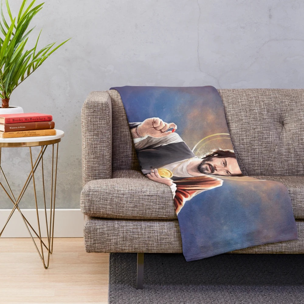 Keanu Reeves inspired plush blanket with saint keanu reeves religious artwork