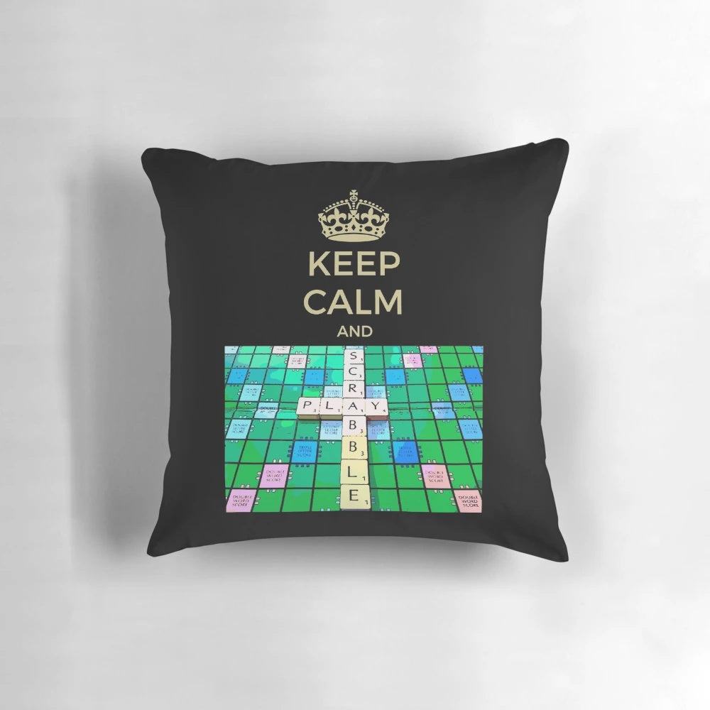 Cozy scrabble-themed throw pillow with "Keep Calm and Play Scrabble" text for game room or office decor.
