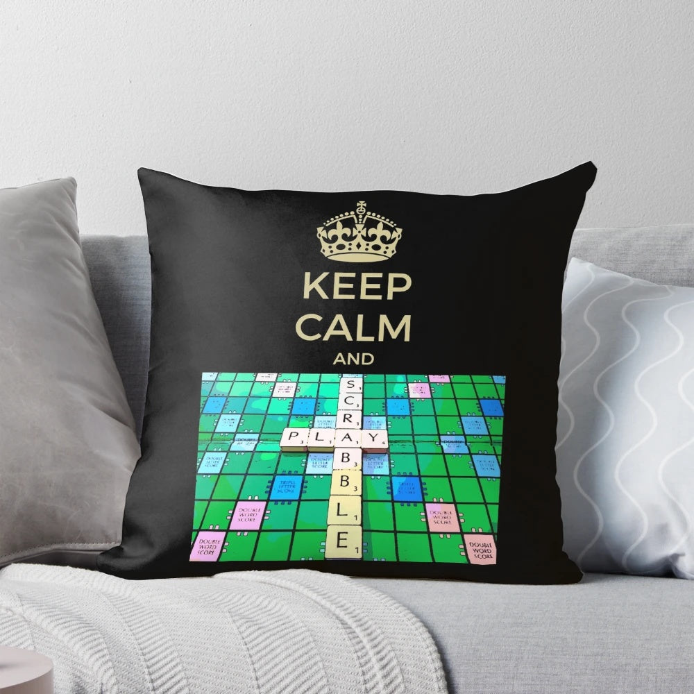 Cozy scrabble-themed throw pillow with "Keep Calm and Play Scrabble" text for game room or office decor.